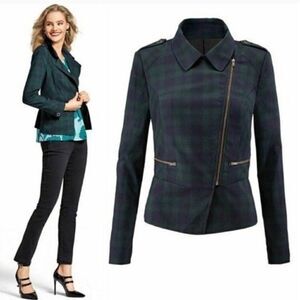 CAbi Tartan #3181 Plaid Asymmetrical Zip Moto Jacket Size 8